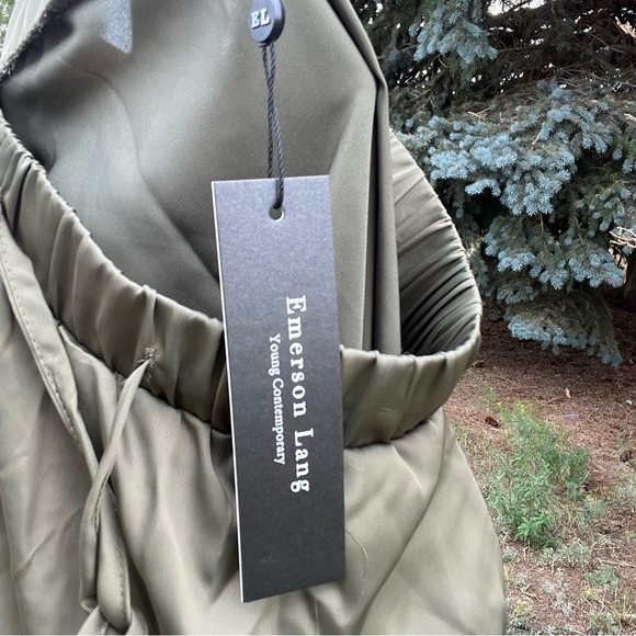 New! Emerson Lang Cargo Pocket Faux Silk Maxi Drawstring Skirt With Slit - Picture 8 of 11